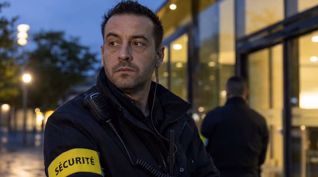 Agent de sécurité en poste devant un bâtiment tertiaire